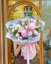 Bó Hoa Cúc Mẫu Đơn Hồng Mix Lá Phụ - belovedbeyond.com