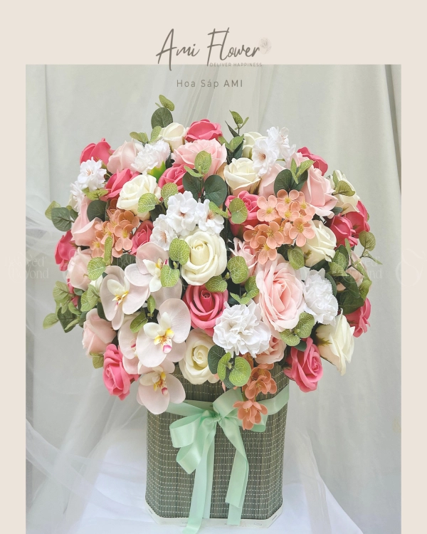 Lẵng Hoa Sáp Chúc Mừng Tone Pastel Nhẹ Nhàng - belovedbeyond.com