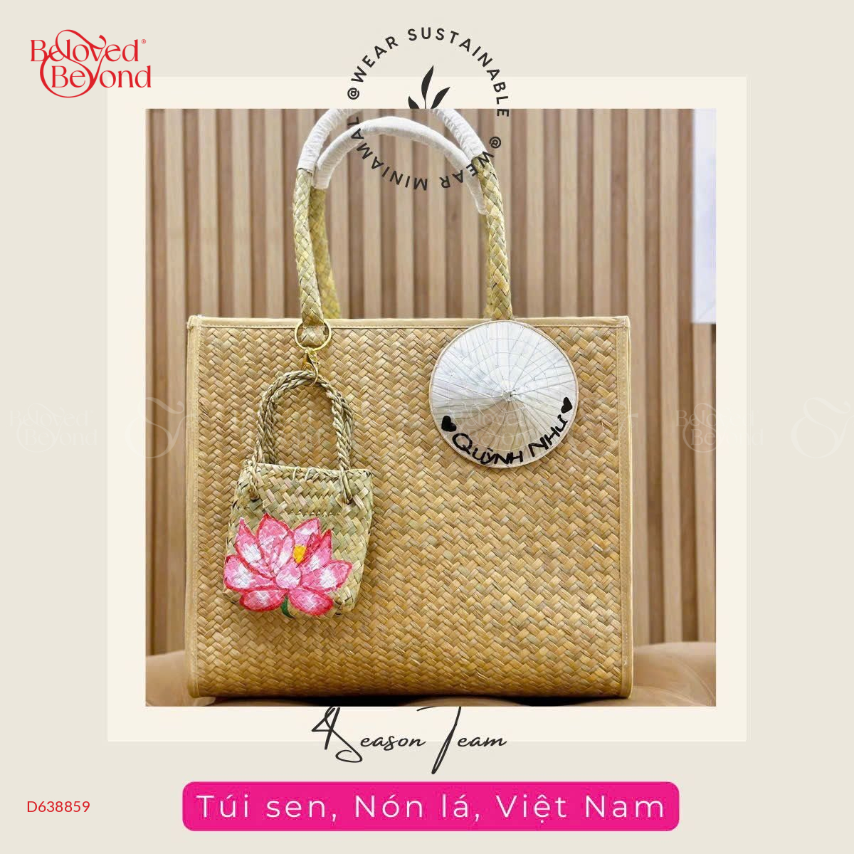 Set Túi Cỏ Bàng Hộp Vuông Charm Nón Lá&Túi Hoa Sen - belovedbeyond.com