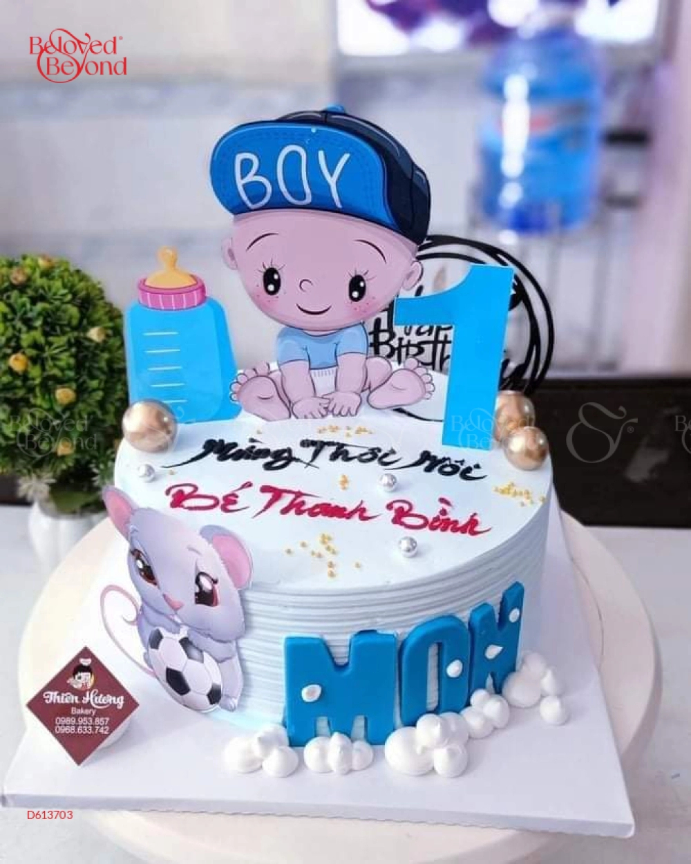 Bánh sinh nhật in hình bé trai với tông mầu xanh, trắng và da cam 2489 - Bánh  Gato in ảnh